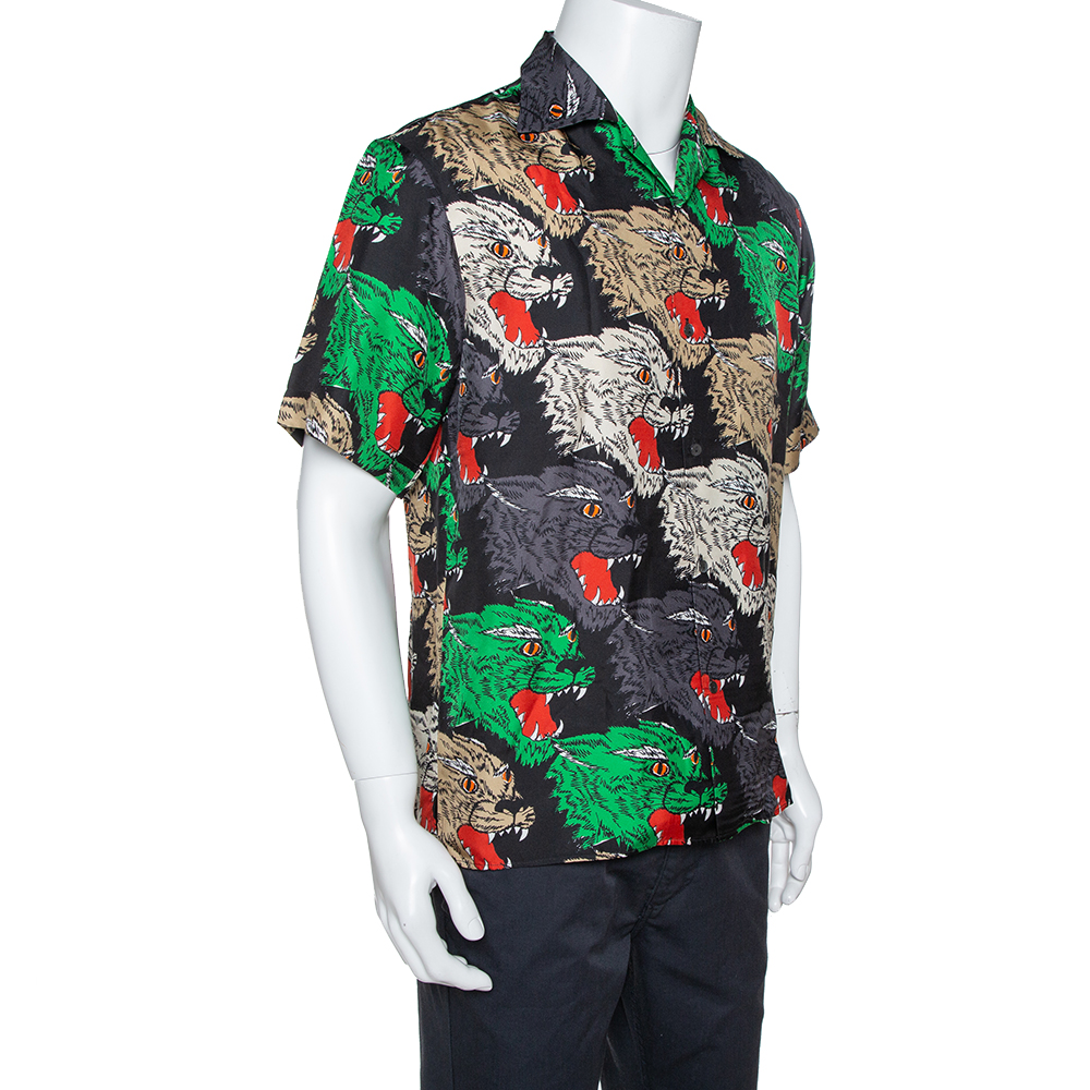 

Gucci Multicolor Panther Face Print Silk Bowling Shirt