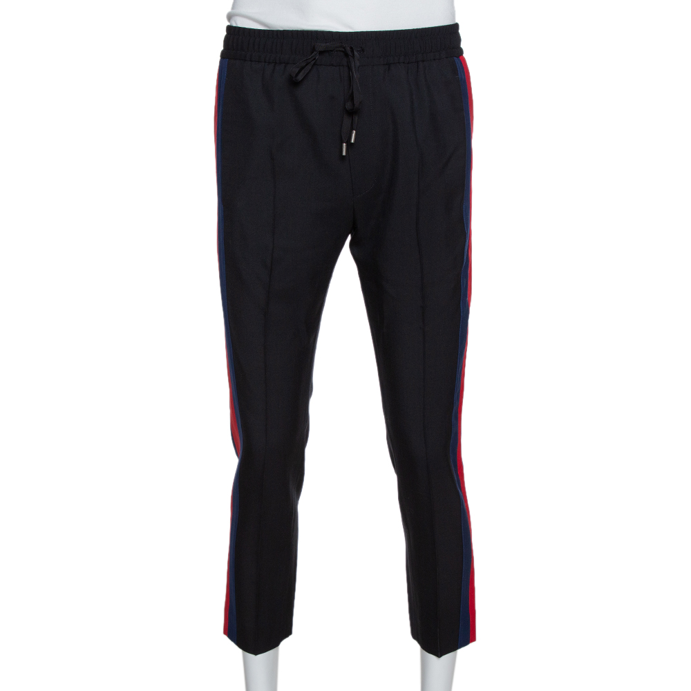Pre Owned Gucci Black Wool Web Striped Cropped Trousers S