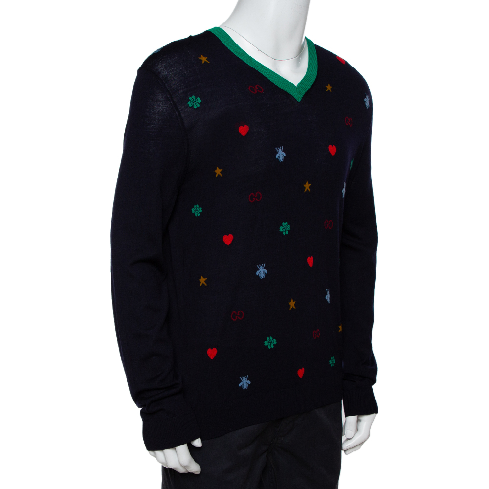 

Gucci Navy Blue Wool Multi Motif V-Neck Jumper