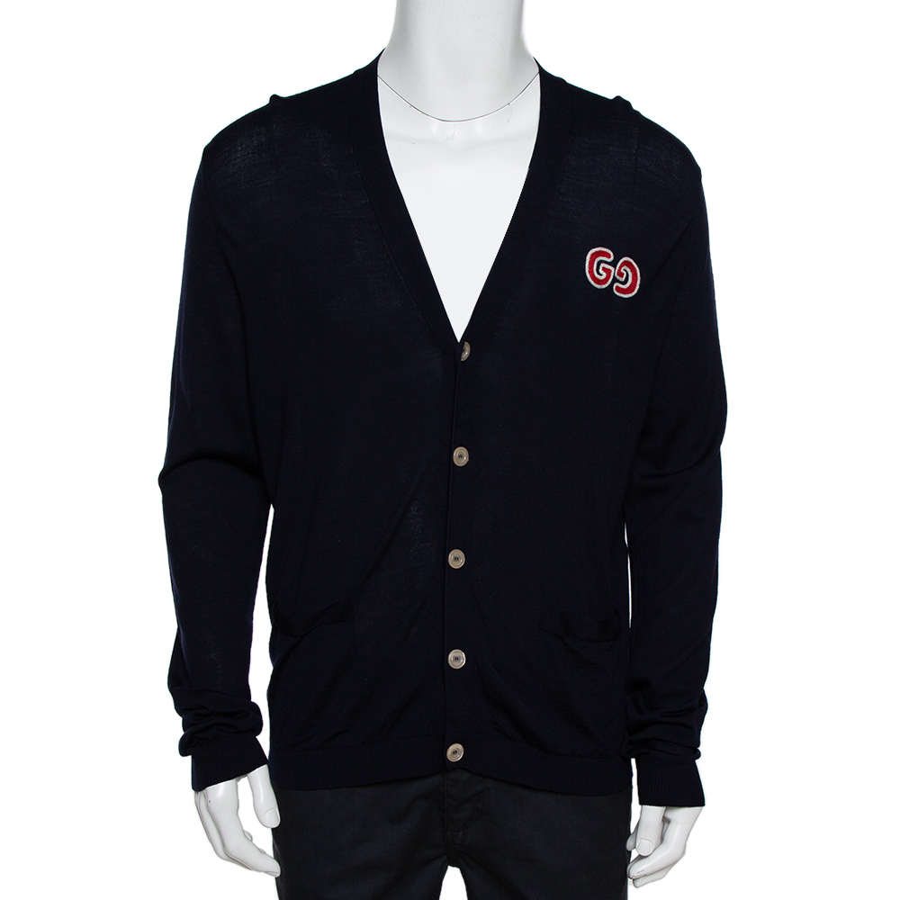 Gucci Navy Blue Wool GG Detail Button Front Cardigan XL