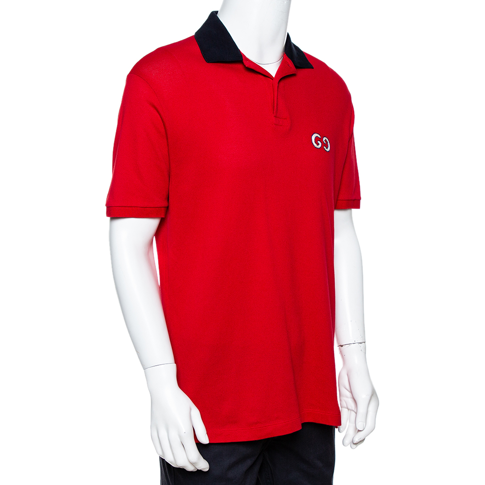 

Gucci Red Cotton Pique GG Embroidered Polo T-Shirt