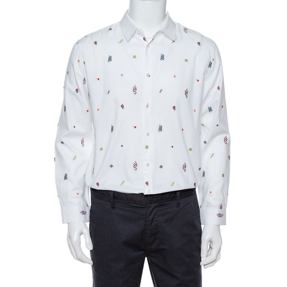 Gucci White Cotton Oxford Symbols Fil Coupé Slim Fit Shirt XL