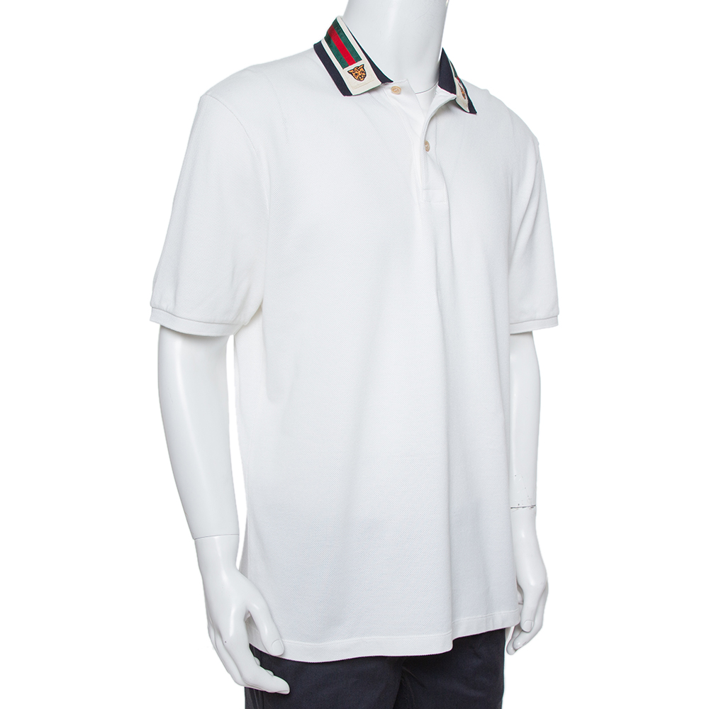 

Gucci White Cotton Pique Tiger Web Collar Polo T-Shirt