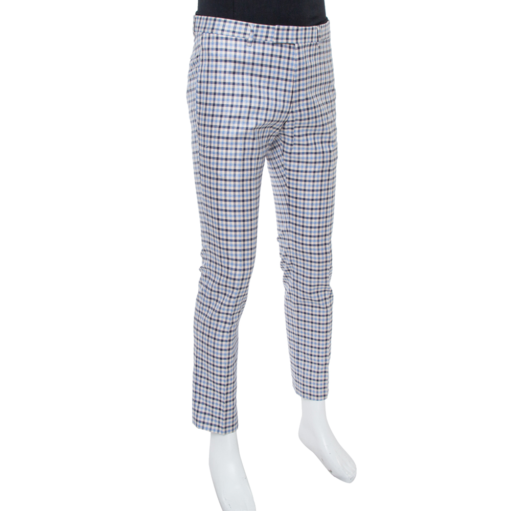 

Gucci Blue Gingham Checked Cotton Tapered Trousers