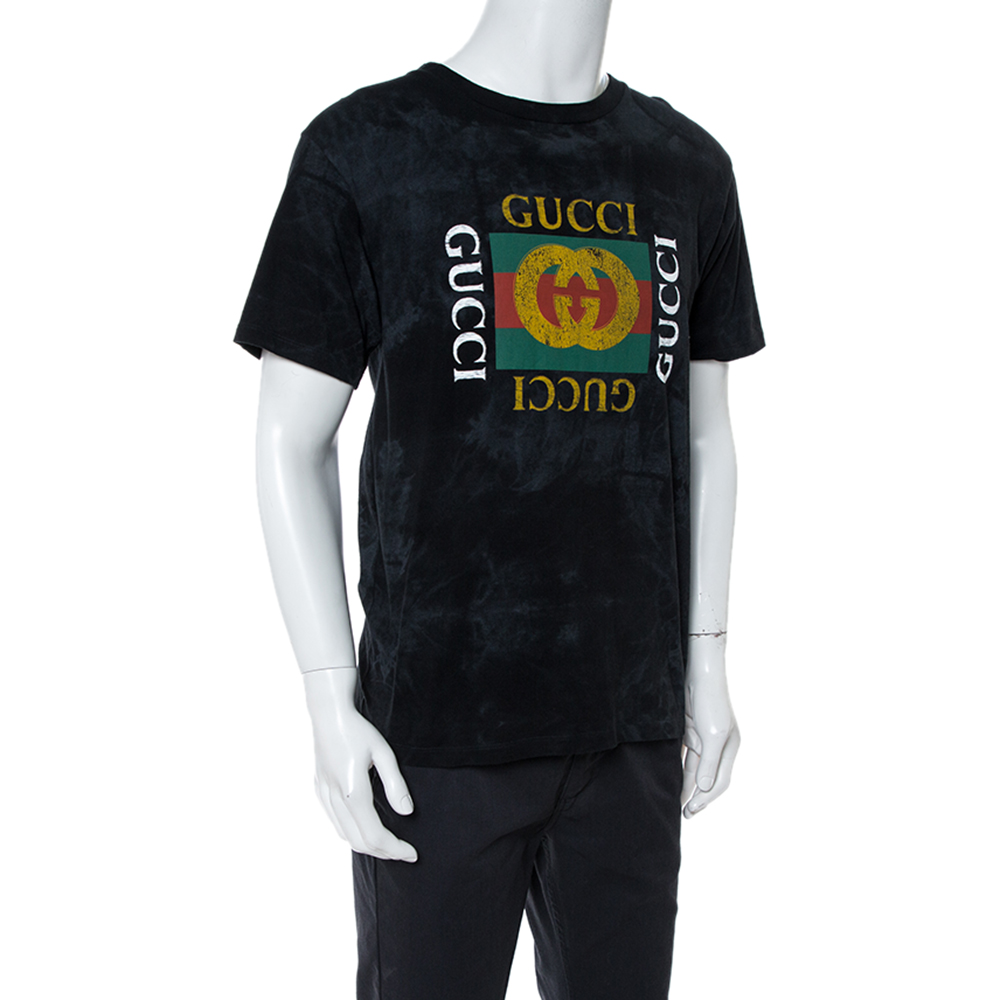 

Gucci Black Distressed Cotton Loved Stud Embellished Logo Jersey T Shirt