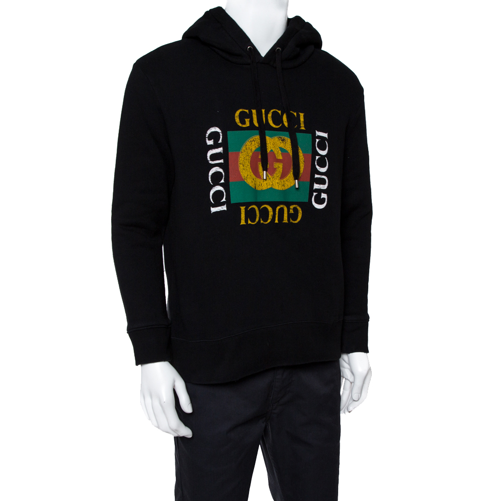 

Gucci Black Cotton Rib Knit Logo Print Hoodie Sweatshirt