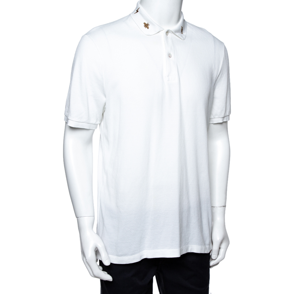 

Gucci White Cotton Honeycomb Knit Embroidered Collar Polo T-Shirt