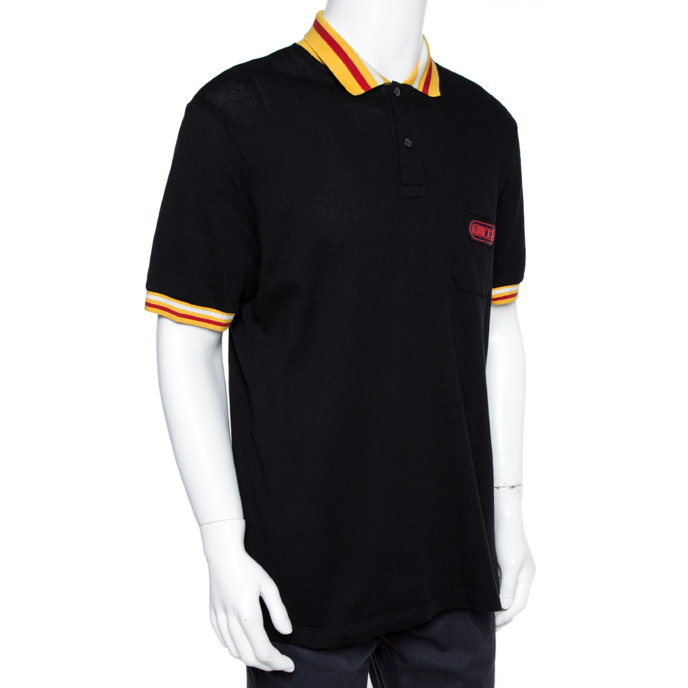 

Gucci Black Cotton Piqué Striped Detail Polo T-Shirt 3XL