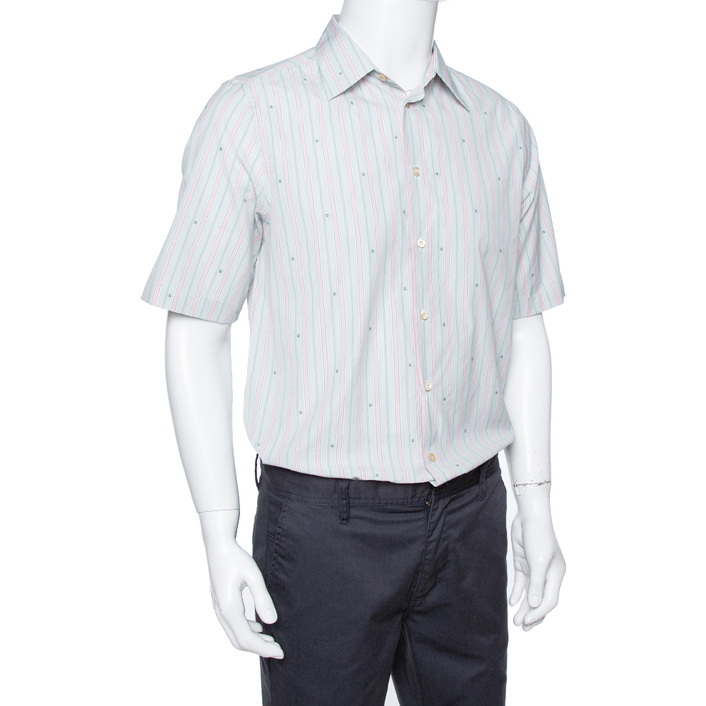 

Gucci Pale Green Striped Cotton G Detail Short Sleeve Shirt