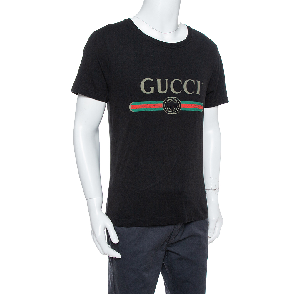 

Gucci Black Logo Printed Cotton Distressed Crewneck T Shirt