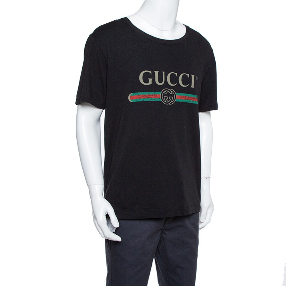 

Gucci Black Cotton Washed Out Effect Logo Printed Crewneck T Shirt