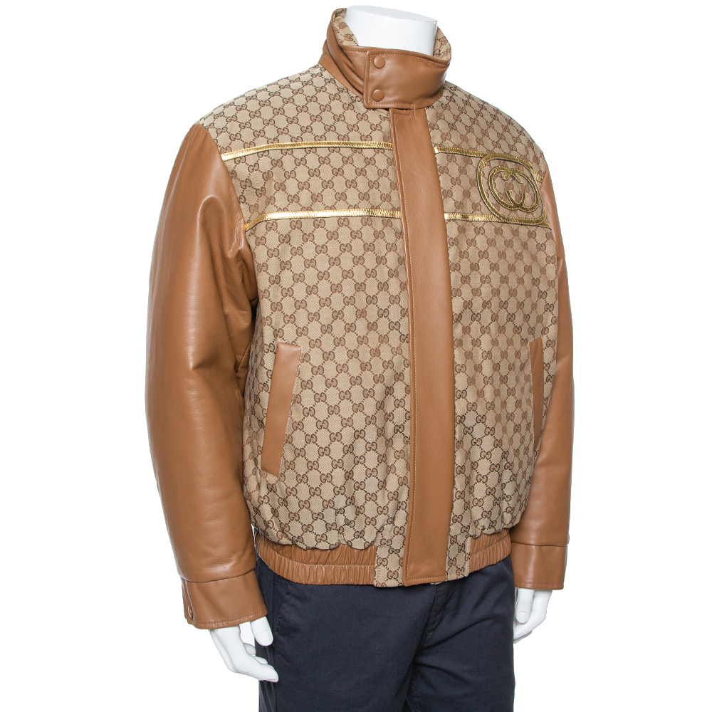 

Gucci X Dapper Dan Bicolor Leather Logo Monogram Embellished Varsity Jacket, Brown