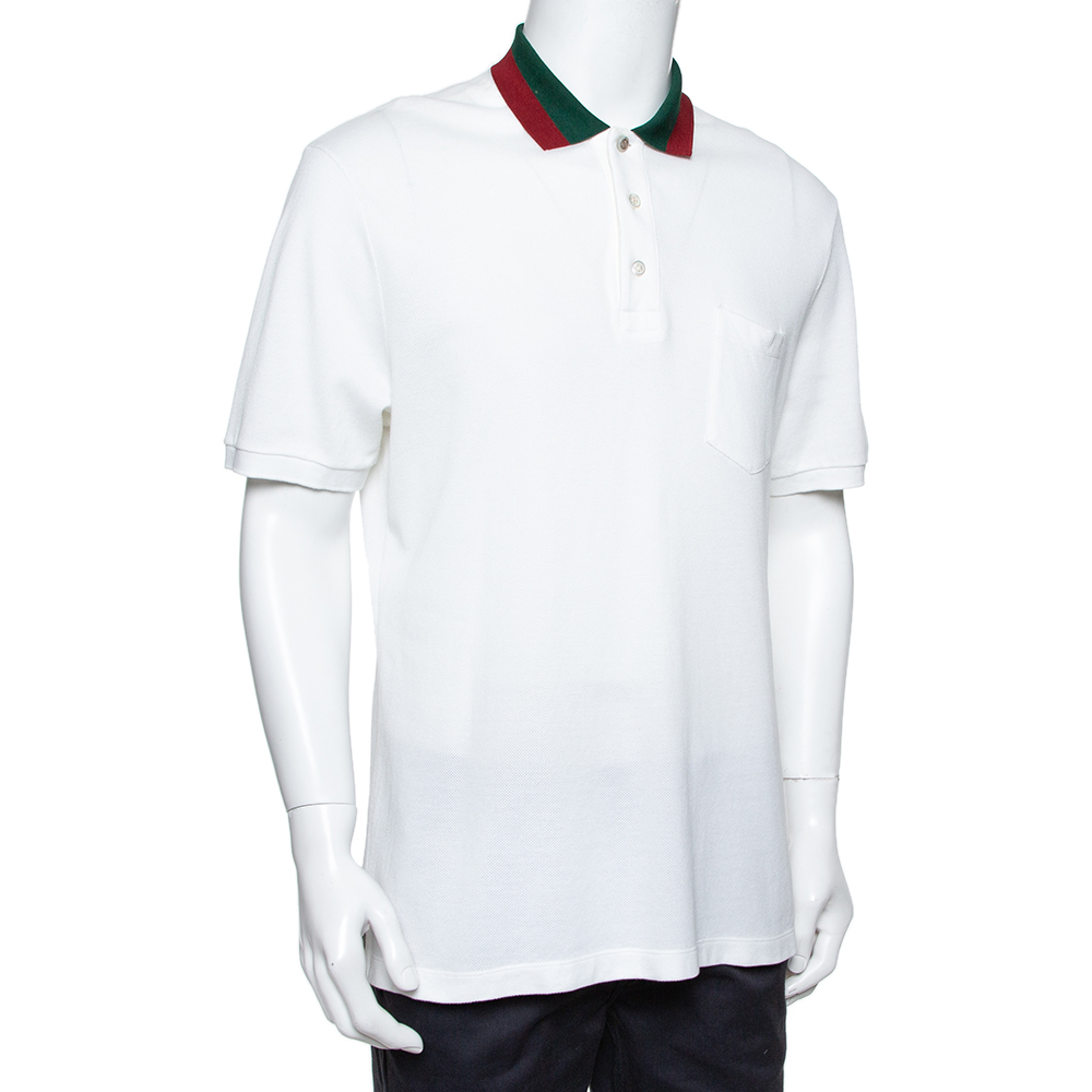 

Gucci White Cotton Pique Contrast Collar Detail Polo T-Shirt