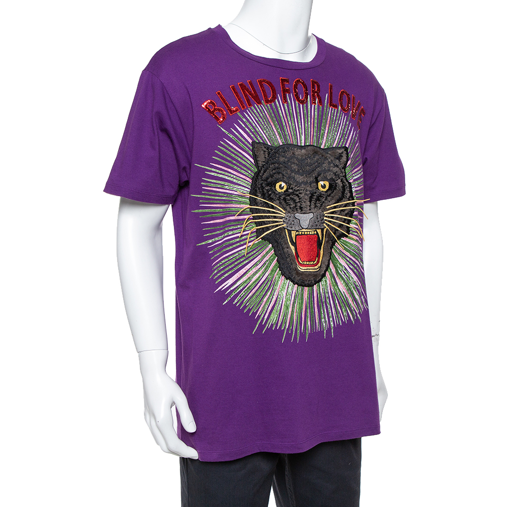 

Gucci Purple Cotton Sequin Embellished Tiger Applique Blind For Love T Shirt