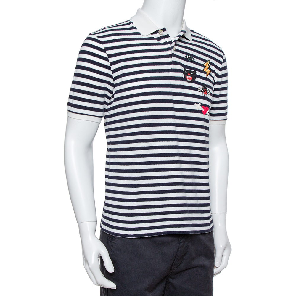 

Gucci Navy Blue & White Striped Pique Knit Polo T Shirt