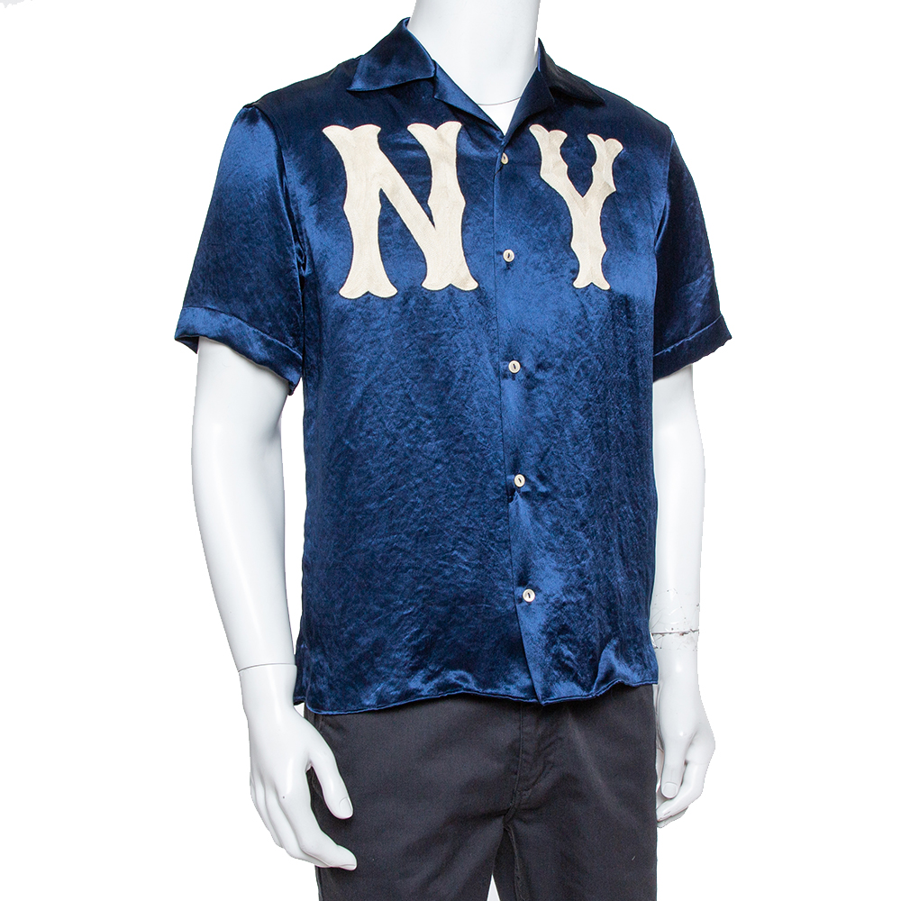 

Gucci Navy Blue Satin New York Yankees Patch Bowling Shirt