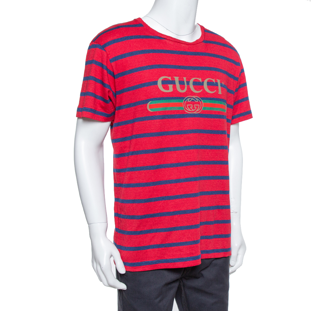 

Gucci Red & Blue Striped Linen Knit Logo Printed Oversized T Shirt
