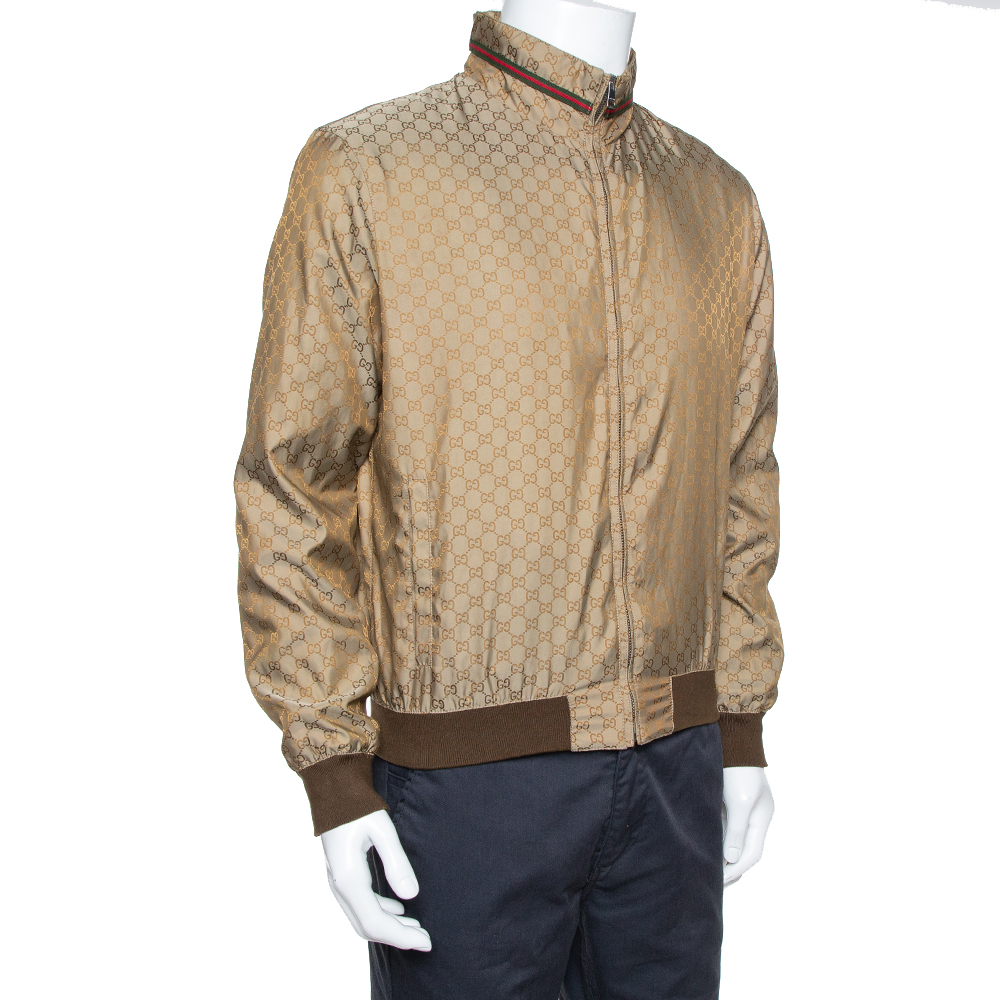 

Gucci Brown Synthetic Logo Monogram Web Print Bomber Jacket