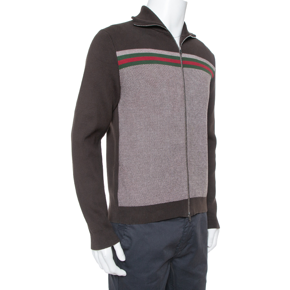 

Gucci Brown Web Stripe Intarsia Knit Zipper Front Sweater