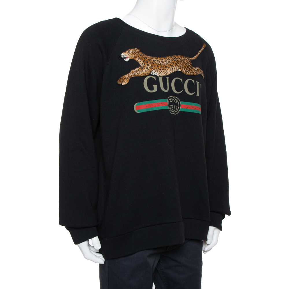 

Gucci Black Logo Printed Cotton Leopard Applique Detail Sweatshirt