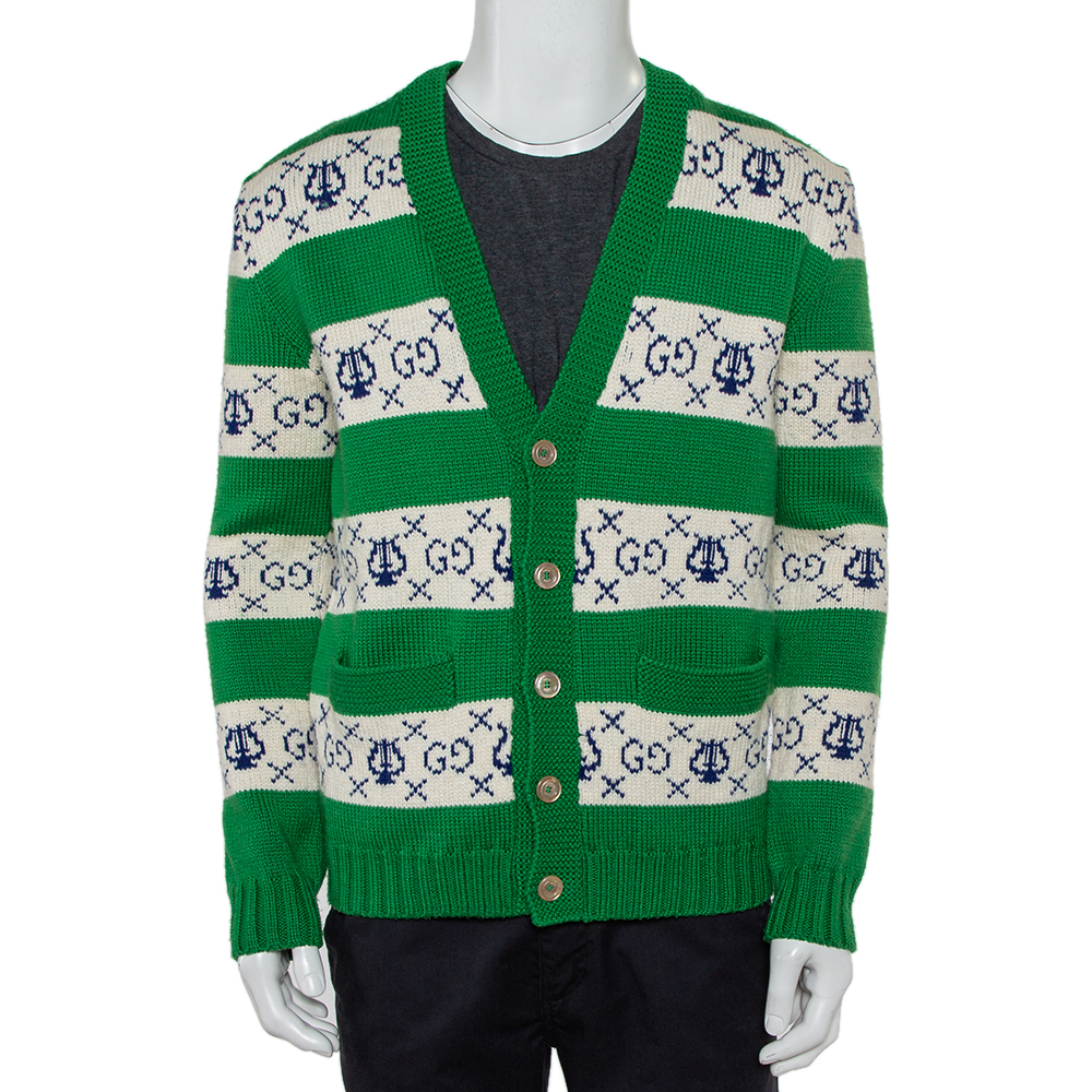 Pre-owned Gucci Green & White Lyre Striped Wool Button Front Cardigan S
