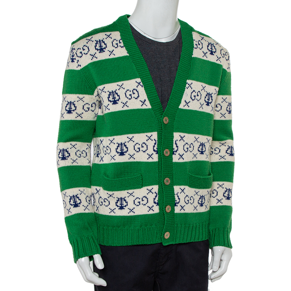 

Gucci Green & White Lyre Striped Wool Button Front Cardigan