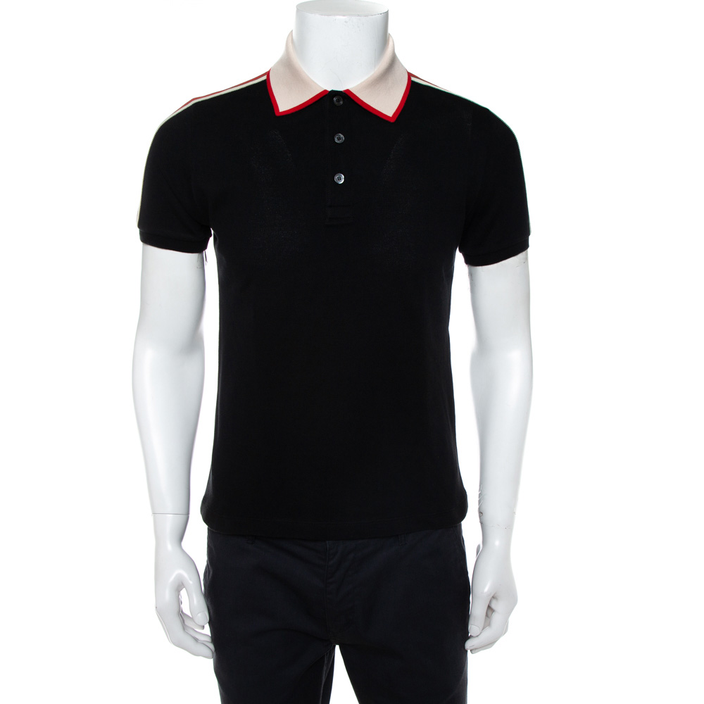 Pre-owned Gucci Black Cotton Pique Contrast Collar Web Trim Detail Polo Shirt S