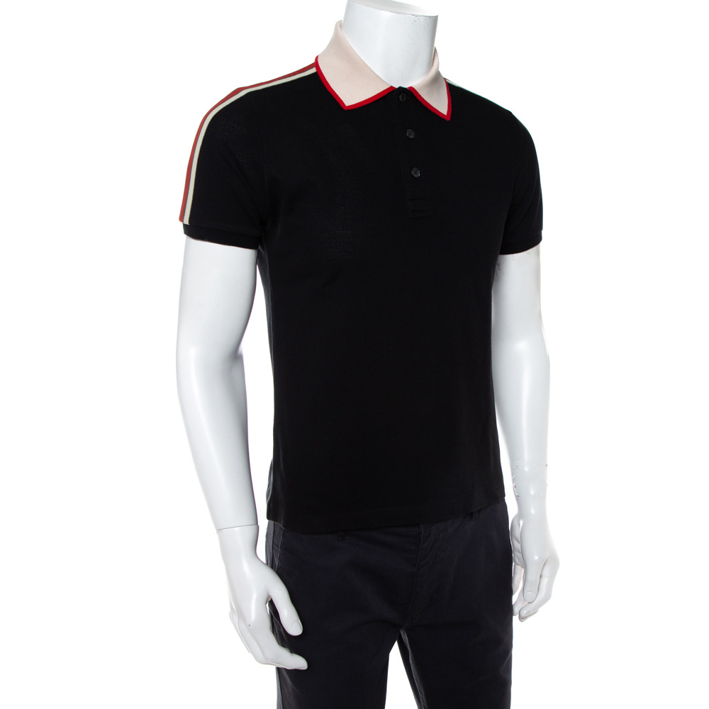 

Gucci Black Cotton Pique Contrast Collar Web Trim Detail Polo Shirt