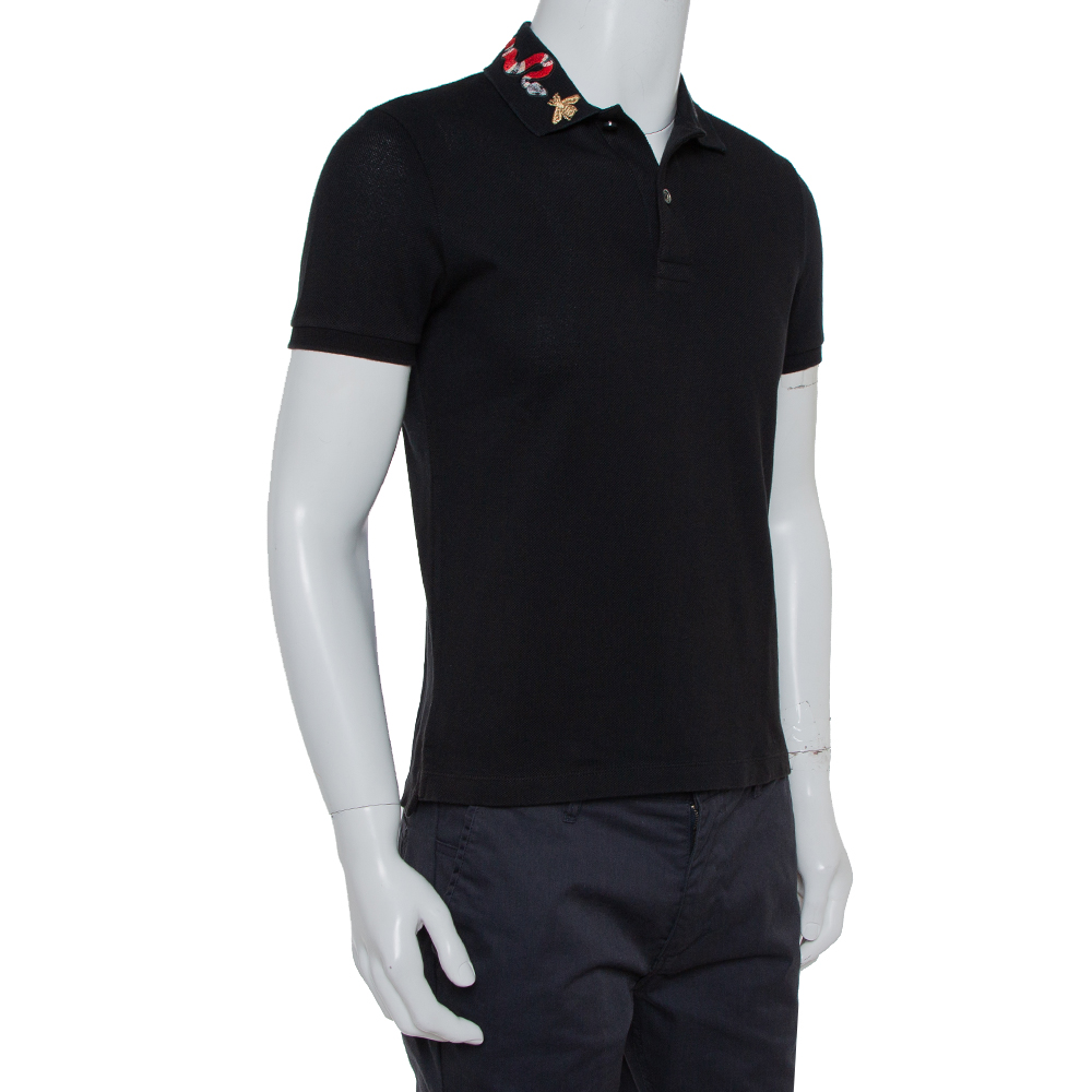 

Gucci Black Cotton Pique Snake Embroidered Detail Polo T-Shirt