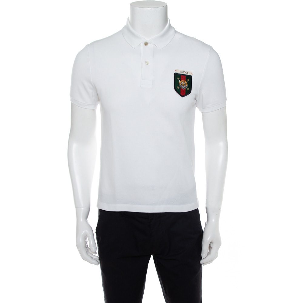 Pre-owned Gucci White Cotton Pique Crest Applique Detail Polo T-shirt S