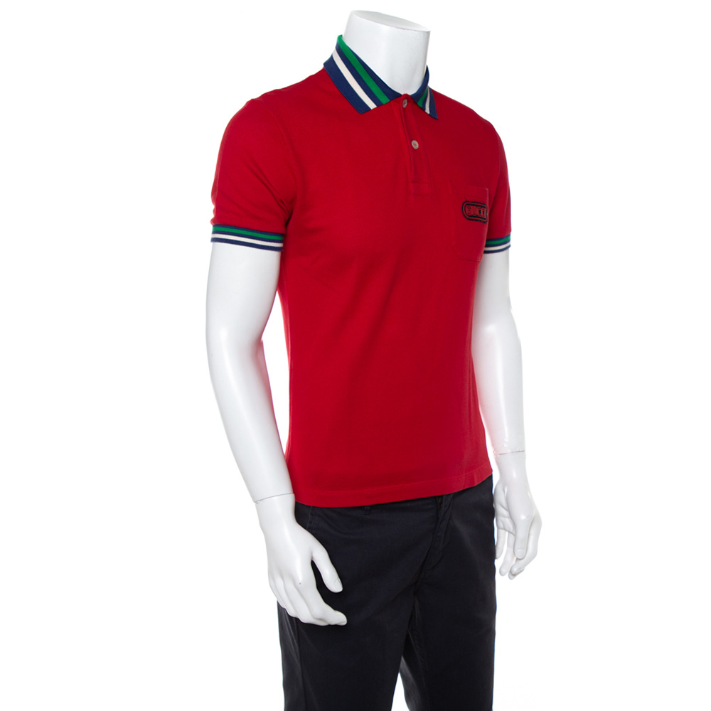 

Gucci Red Cotton Pique Contrast Collar Logo Patch Detail Polo T-Shirt