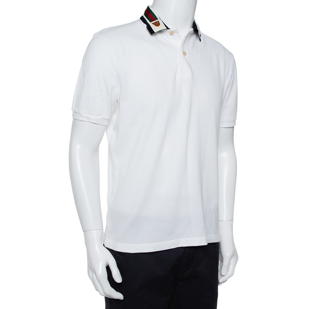 

Gucci White Cotton Pique Web Trim & Feline Head Collar Detail Polo T-Shirt