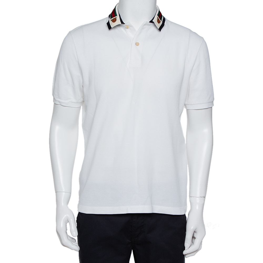Pre-owned Gucci White Cotton Pique Web Trim & Feline Head Collar Detail Polo T-shirt L