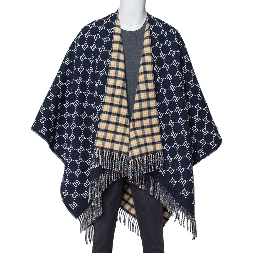 Pre-owned Gucci Navy Blue/checkered Logo Jacquard Wool Fringed Reversible Poncho (one Size)