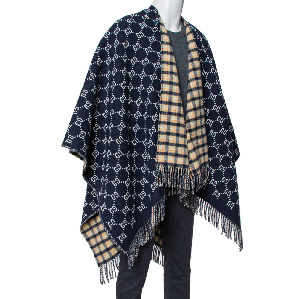 

Gucci Navy Blue/Checkered Logo Jacquard Wool Fringed Reversible Poncho