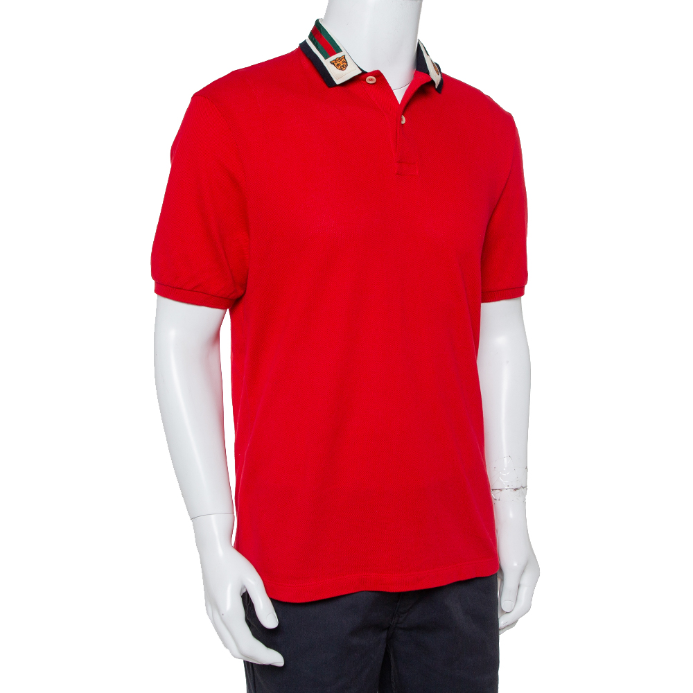 

Gucci Red Cotton Pique Web & Feline Head Detail Polo T-Shirt