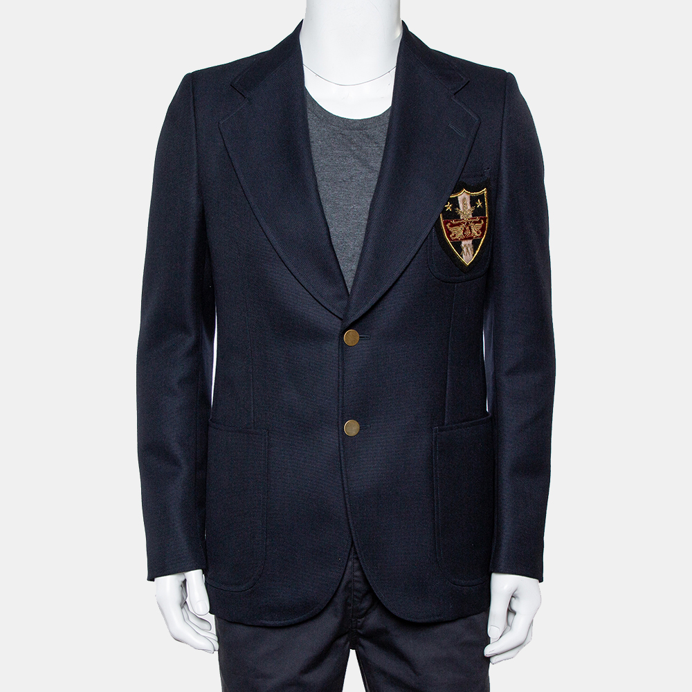 

Gucci Navy Blue Wool & Mohair Chateau Marmont Embroidered Button Front Blazer M