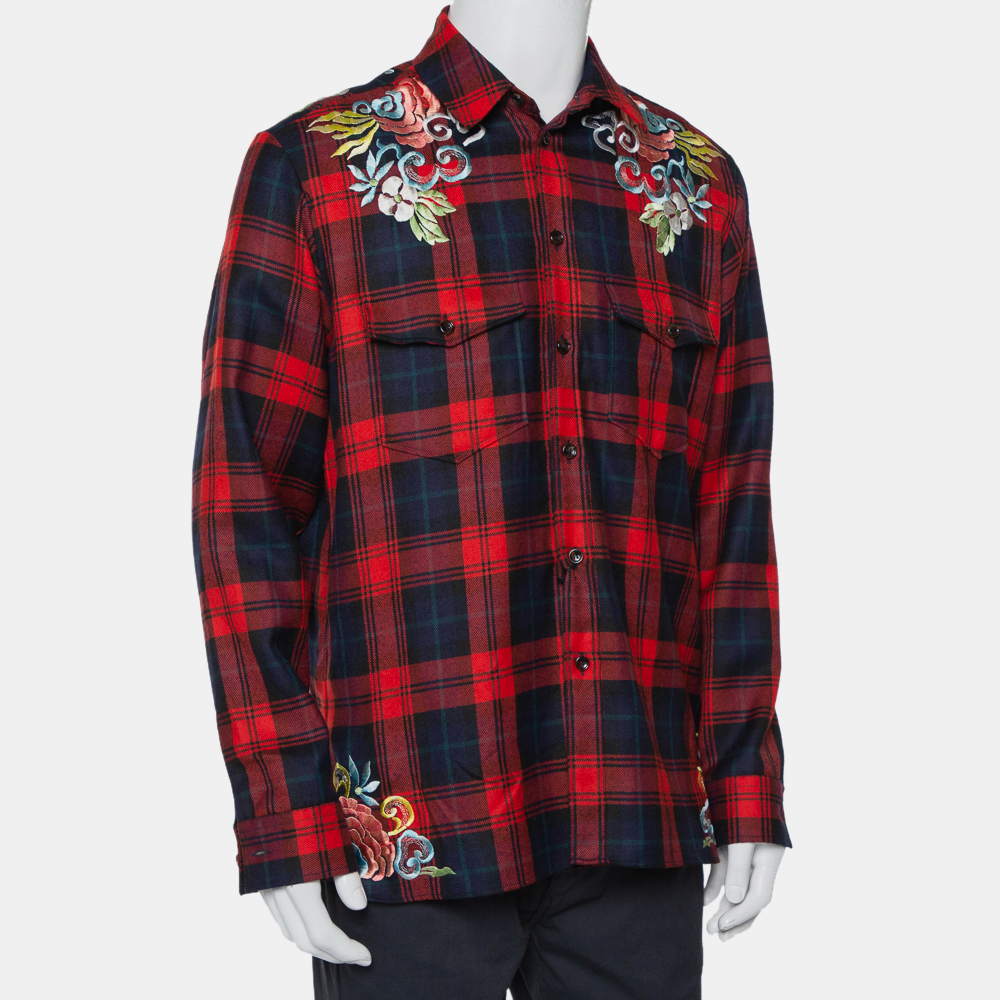 

Gucci Red Tartan Plaid Floral and Dragon Embroidered Wool Shirt