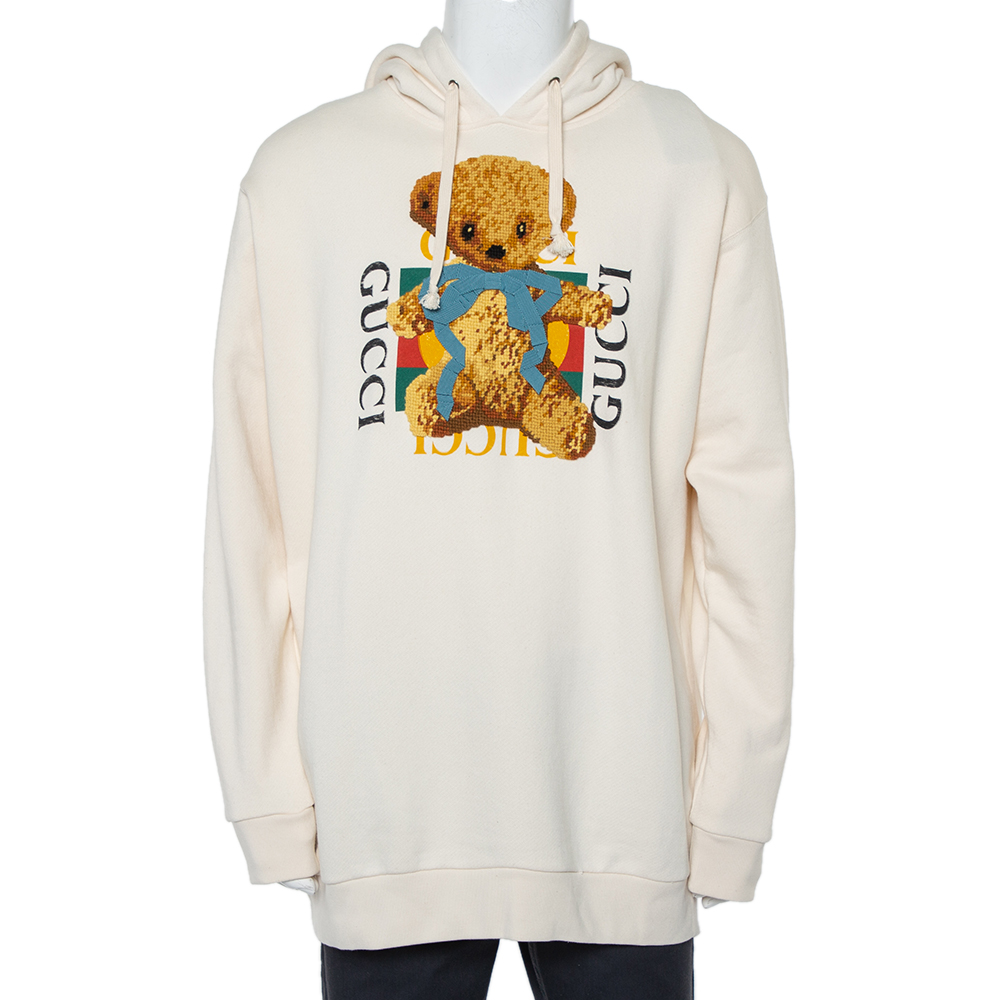 Pre-owned Gucci Cream Logo Printed Cotton Applique Detail Oversized Hoodie Xl