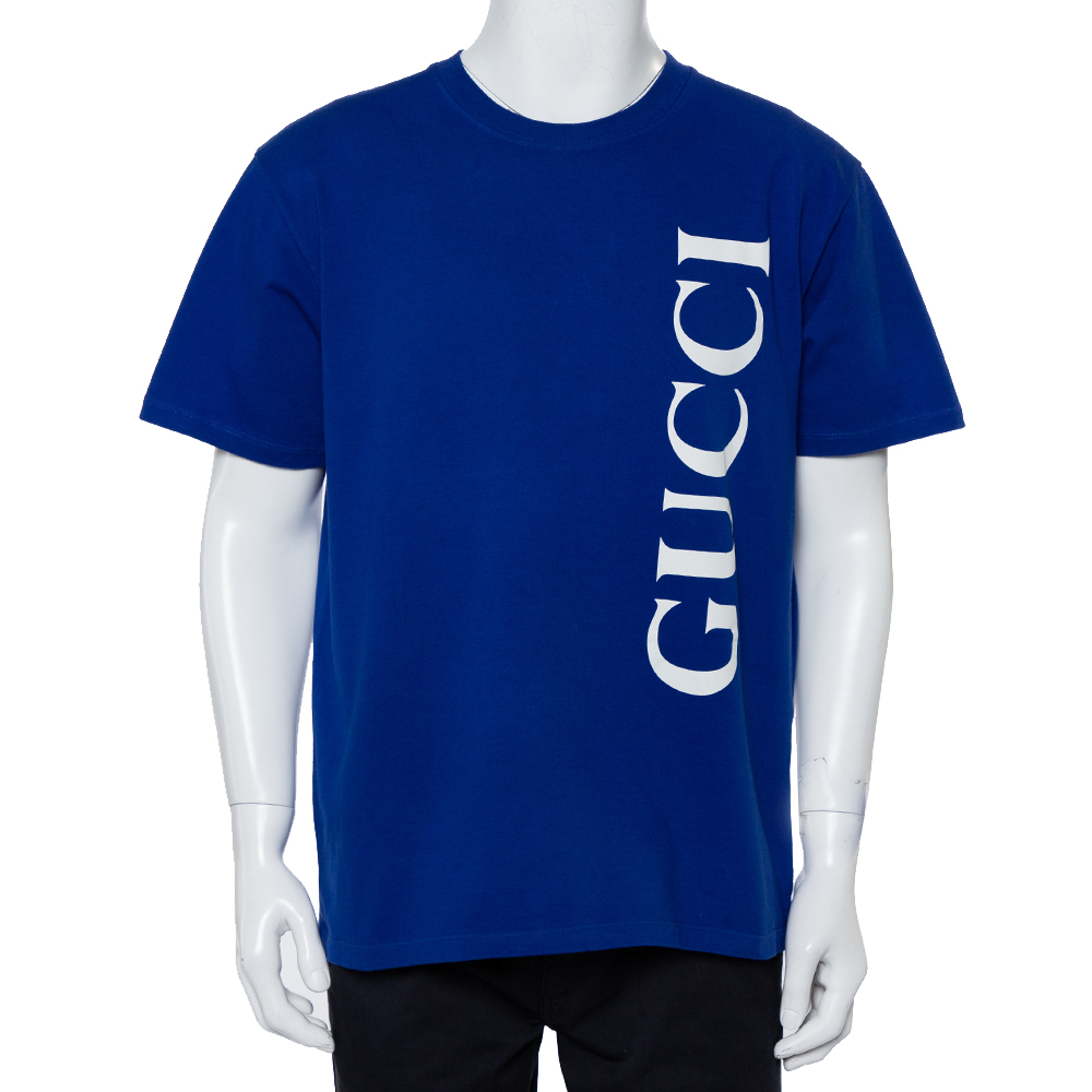 Pre-owned Gucci Blue Cotton Logo Printed Oversized Crewneck T-shirt M