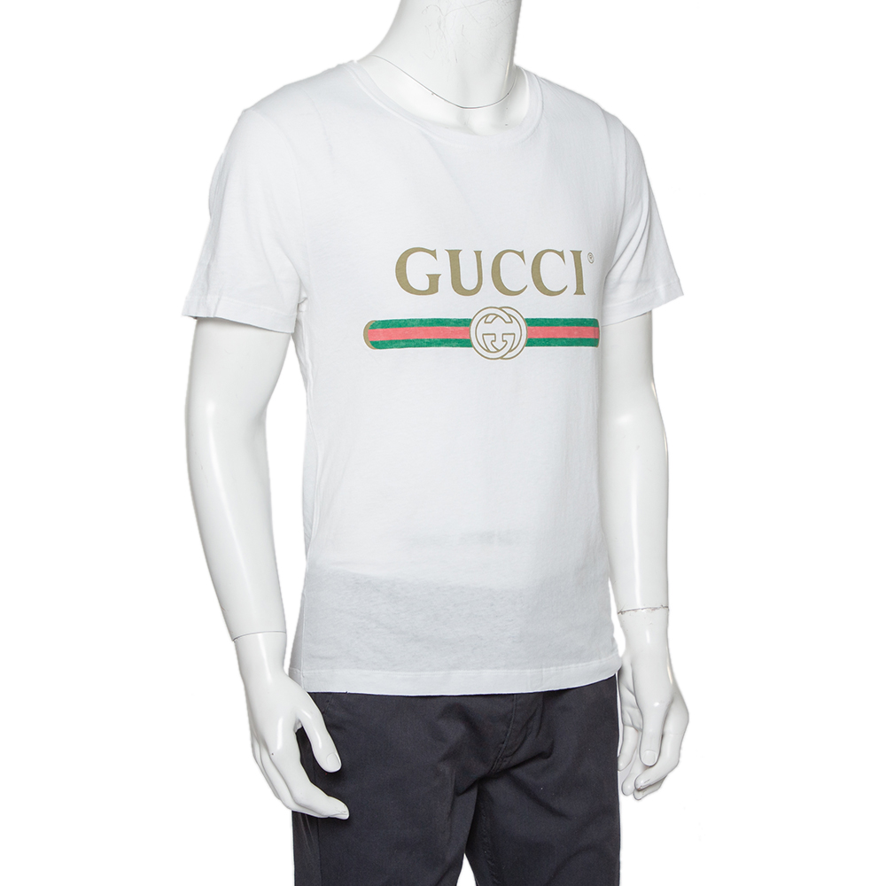 

Gucci White Washed Cotton Logo Printed Oversized Crewneck T-Shirt
