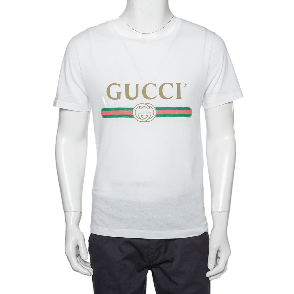 Pre-owned Gucci White Washed Cotton Logo Printed Oversized Crewneck T-shirt Xs