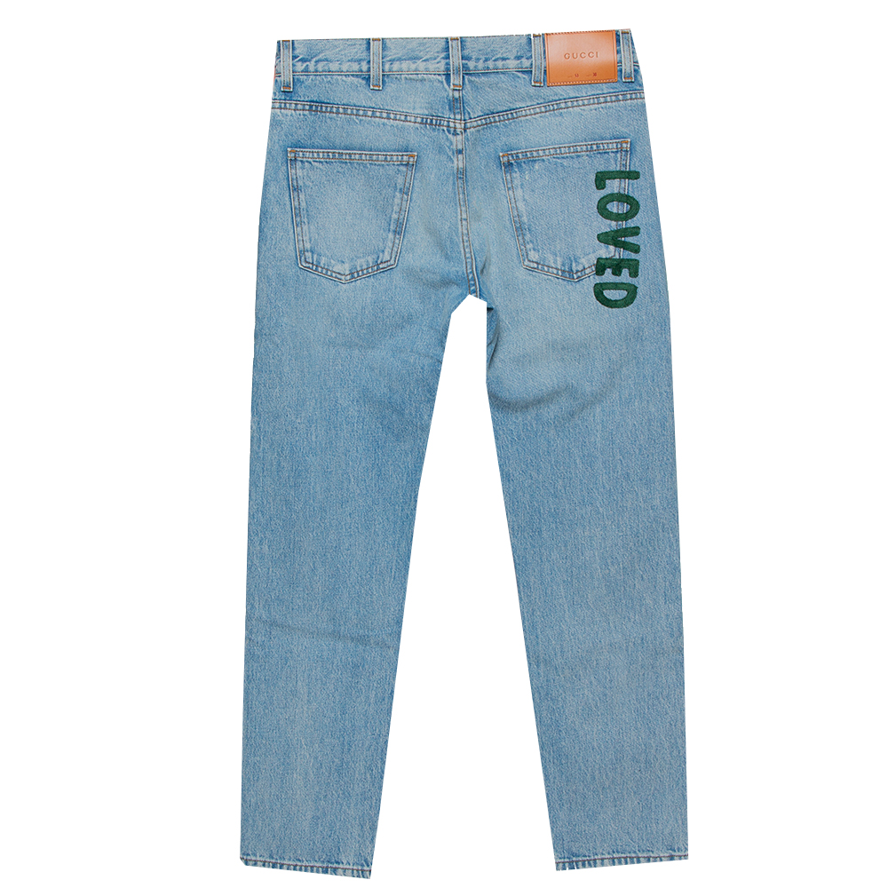 

Gucci Blue Denim Loved Applique Detail Straight Leg Jeans