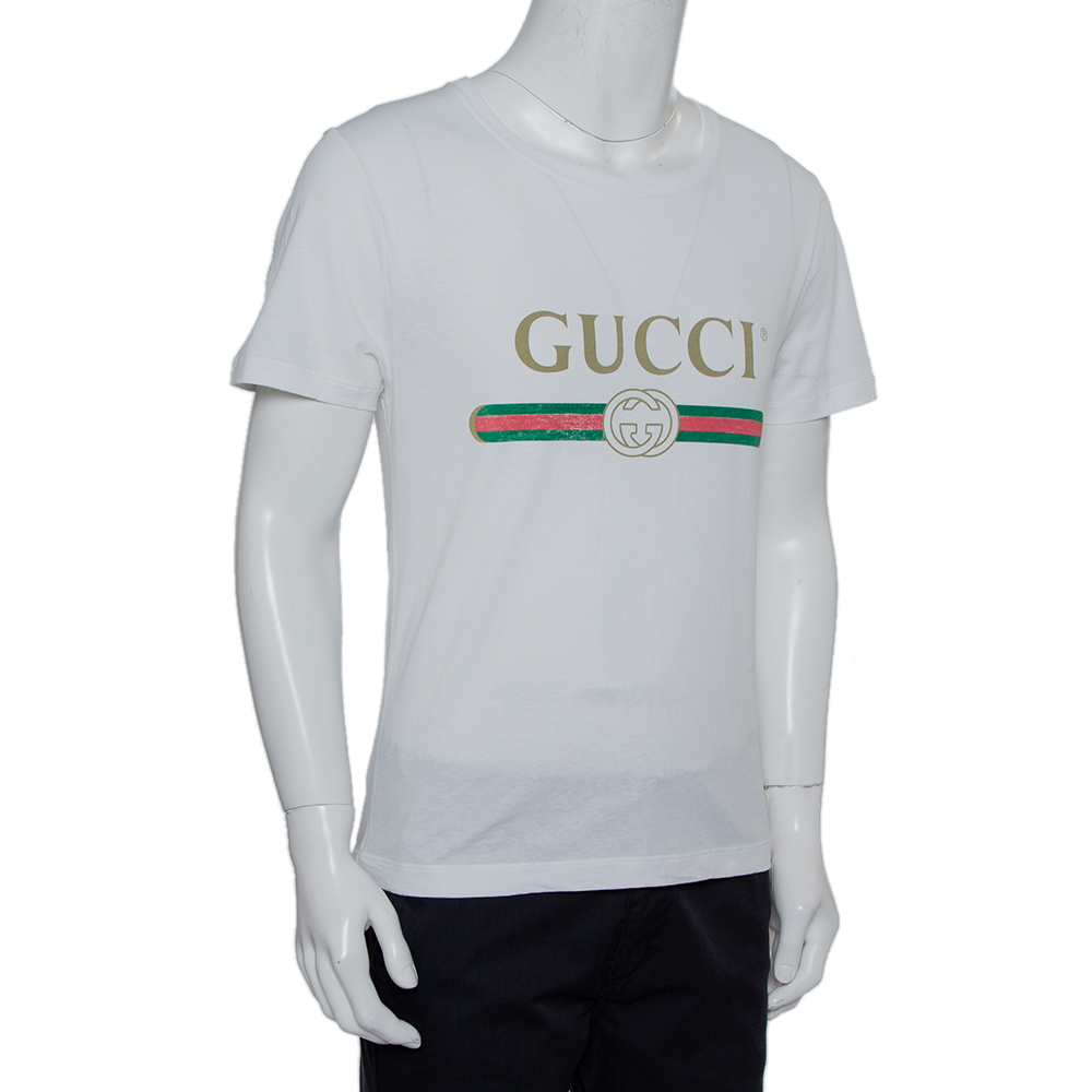 

Gucci White Washed Cotton Logo Printed Oversized Crewneck T-Shirt