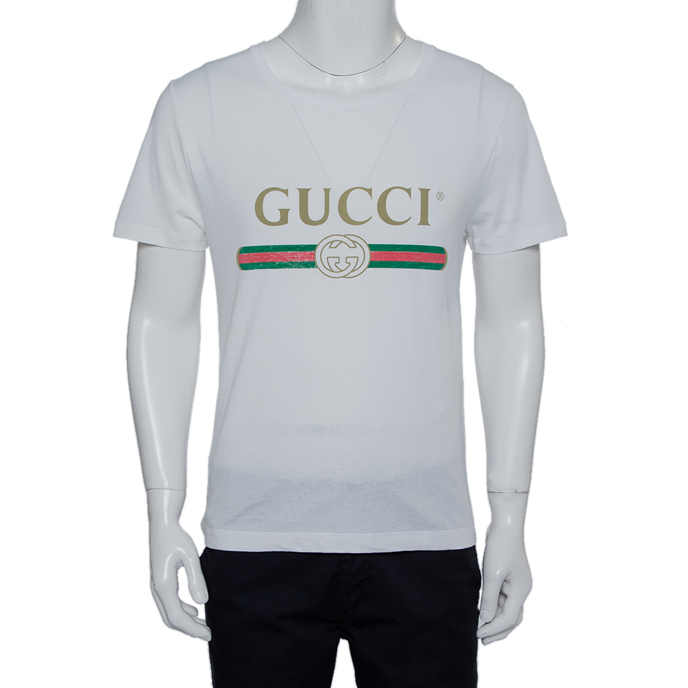 Gucci White Washed Cotton Logo Printed Oversized Crewneck T-Shirt XS