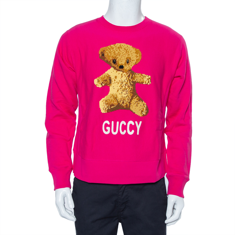 Pre-owned Gucci Pink Cotton Teddy Bear Applique Crewneck Sweatshirt S