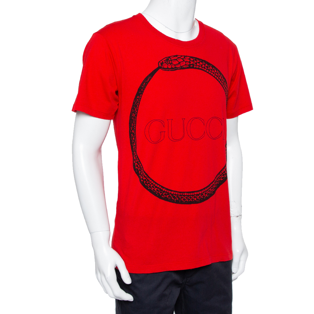 

Gucci Red Logo Printed Cotton Distressed Crewneck T-Shirt