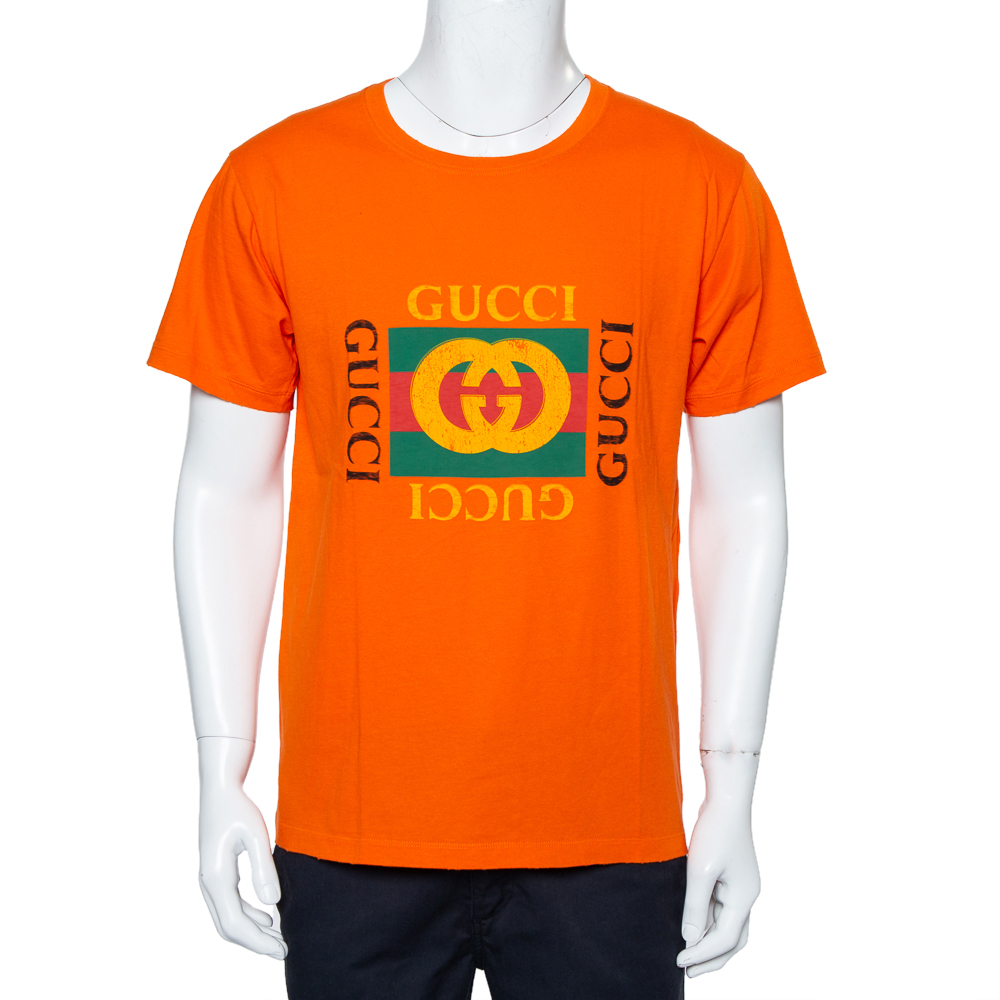 Pre-owned Gucci Orange Logo Printed Cotton Distressed Crewneck T-shirt S