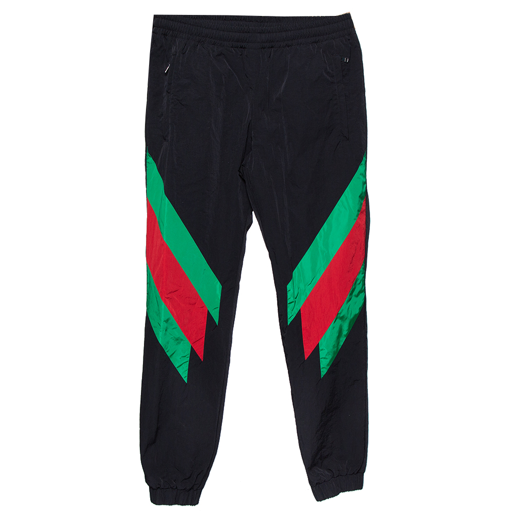 Pre-owned Gucci Black Web Stripe Printed Synthetic Joggers Xs