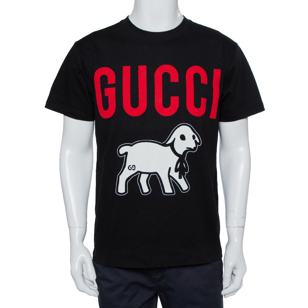 Pre-owned Gucci Black Logo & Lamb Printed Cotton Oversized Crewneck T-shirt Xs